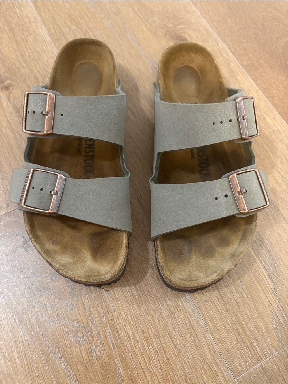 Birkenstock Two-Buckle Slide Sandals in Grey with Rose Buckles